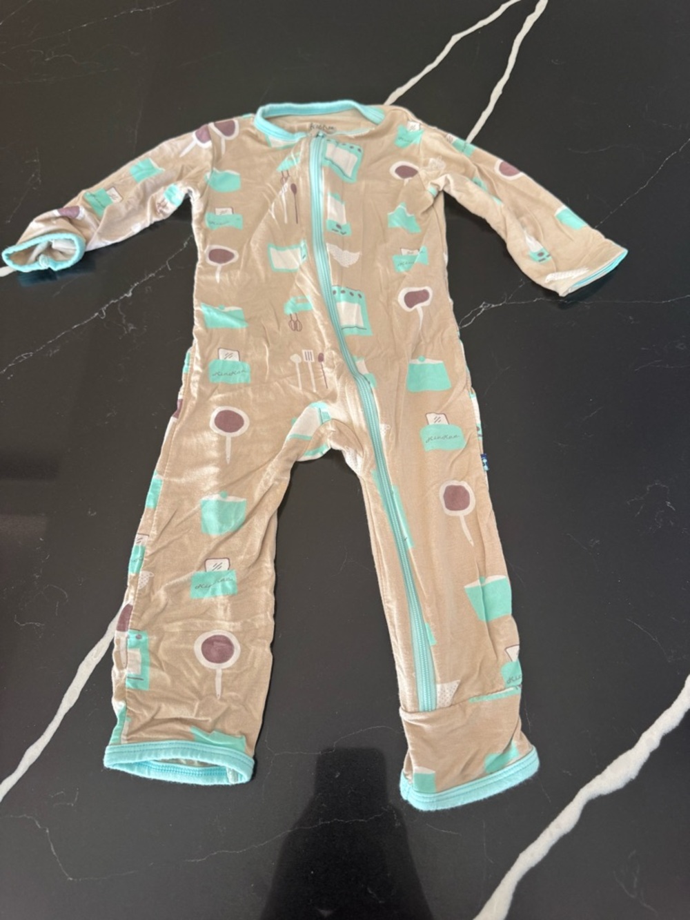 Kickee Pants Tan‎ One-Piece Footie with Mint Trim